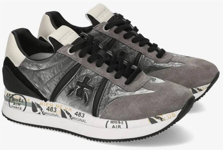 Premiata Zilveren Platte Schoenen met Glanzende Details Gray Dames