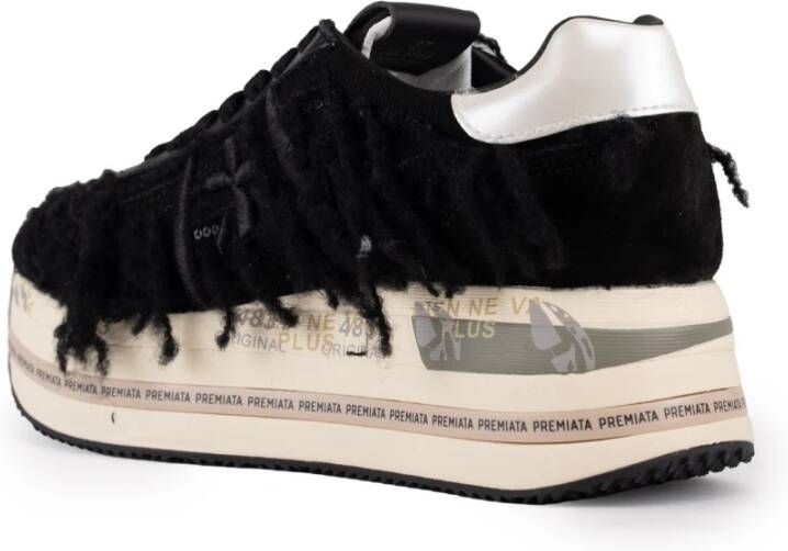 Premiata Zwarte Denim Damessneakers Met Franjes Vetersluiting Black Dames