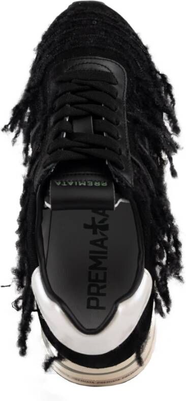 Premiata Zwarte Denim Damessneakers Met Franjes Vetersluiting Black Dames