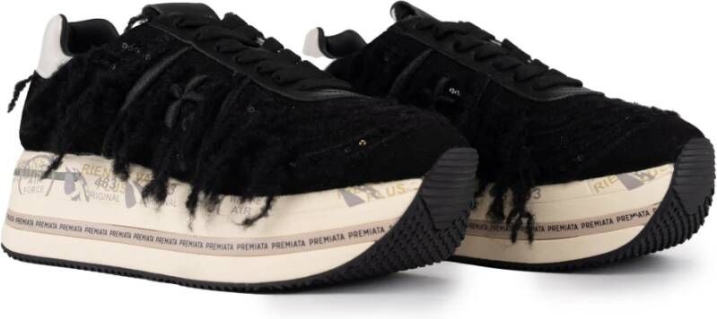 Premiata Zwarte Denim Damessneakers Met Franjes Vetersluiting Black Dames