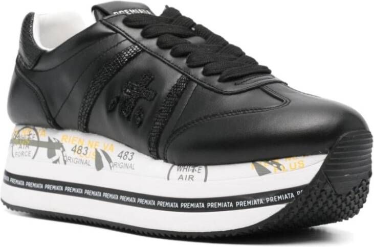 Premiata Zwarte leren platform platte schoenen Black Dames