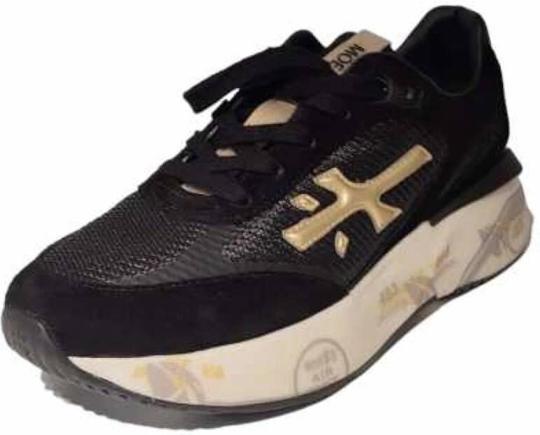 Premiata Zwarte Mesh en Suède Gouden Logo Sneakers Black Dames