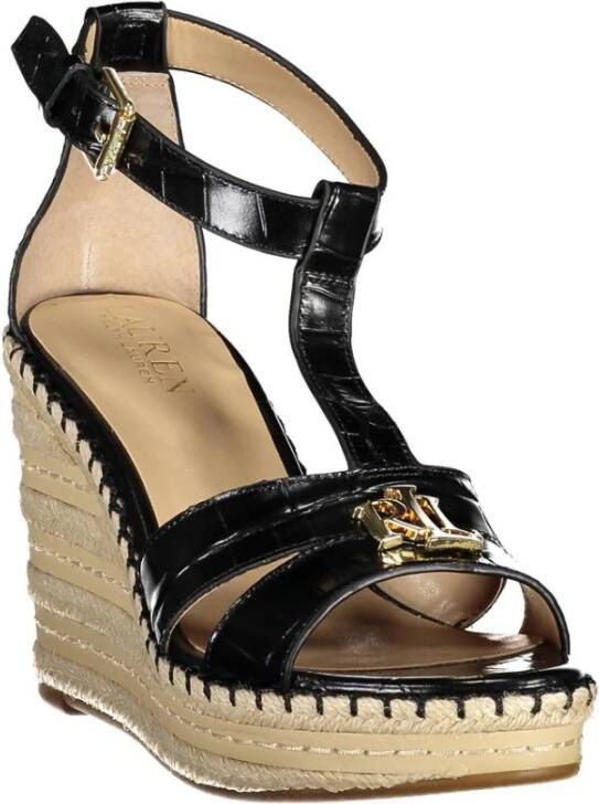 Ralph Lauren Zwarte Polyester Sleehak Sandalen met Enkelband Black Dames