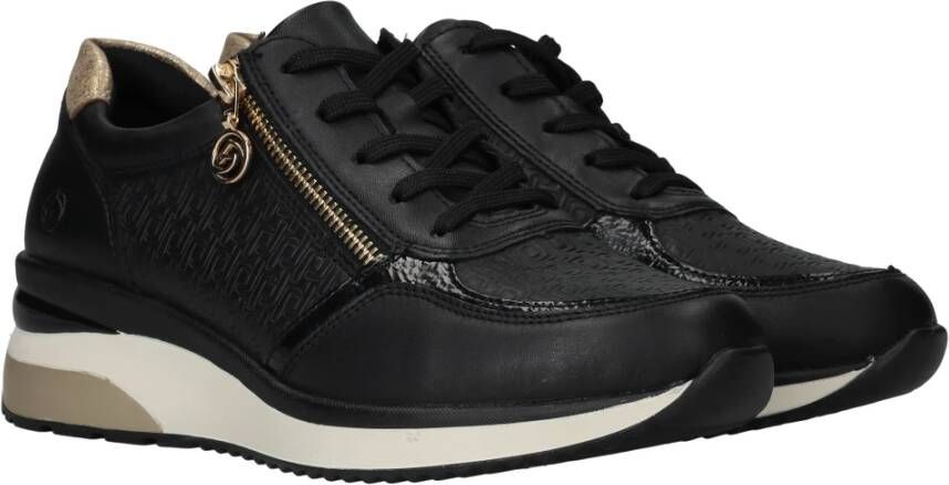 Remonte Lite 'n Soft Zwarte Sneakers met Gouden Details en Dierenprint Black Dames