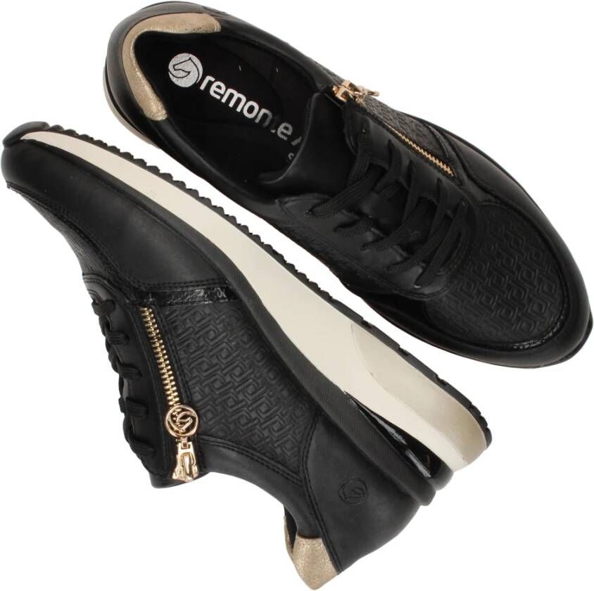 Remonte Lite 'n Soft Zwarte Sneakers met Gouden Details en Dierenprint Black Dames