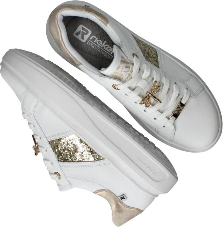 Rieker Trendy witte leren sneakers met gouden libelledetail White Dames