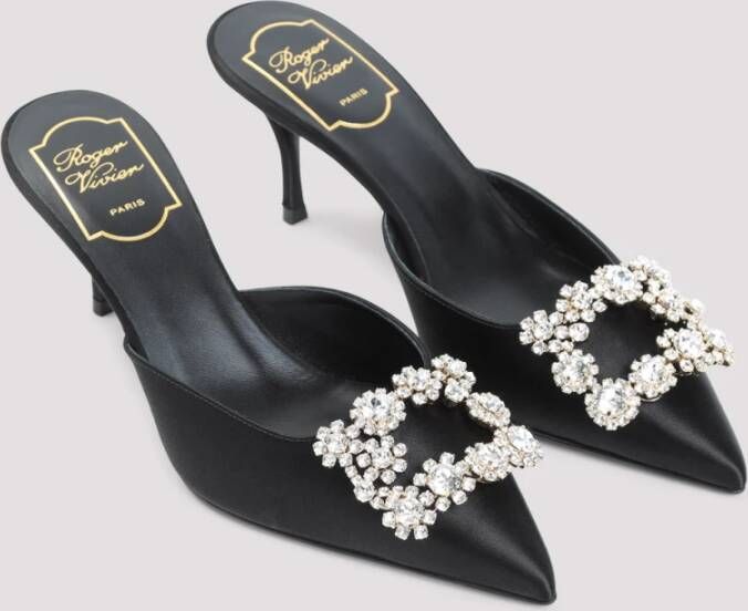 Roger Vivier Bloem Strass Muilezel Elegante Schoen Black Dames