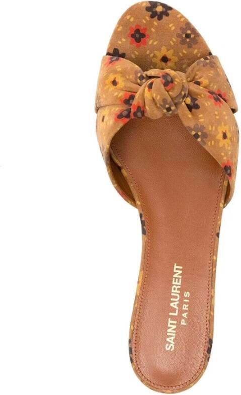 Saint Laurent Geknoopt Suède Slides Bloemenprint Vrouwen Brown Dames