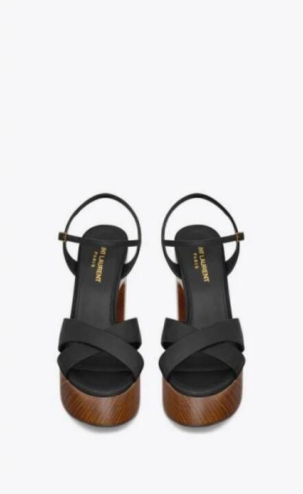 Saint Laurent Gekruiste Band Platform Sandalen met Houten Hak Black Dames