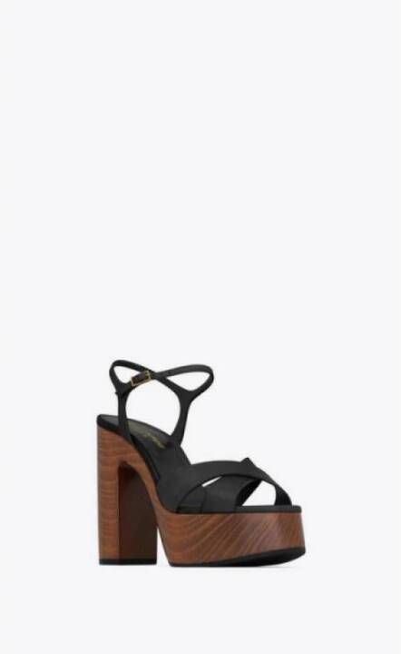 Saint Laurent Gekruiste Band Platform Sandalen met Houten Hak Black Dames