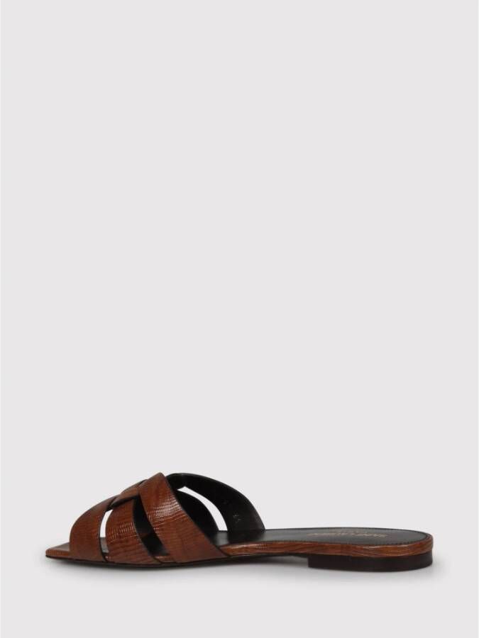 Saint Laurent Hagedis-effect Leren Gevlochten Sandalen Brown Dames