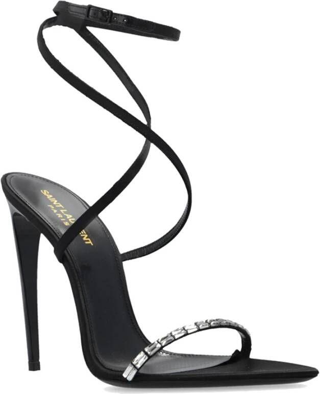 Saint Laurent Kristalversierde Satijnen Sandalen Black Dames