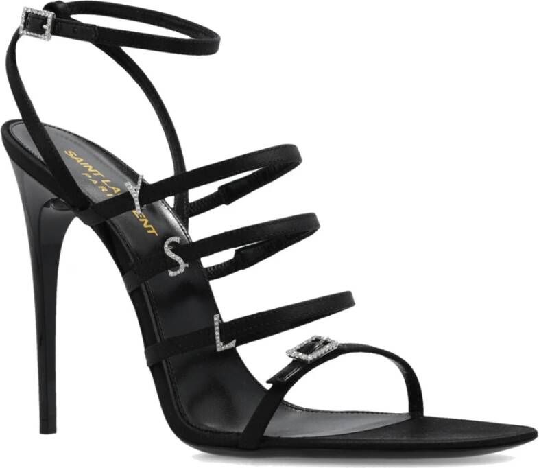 Saint Laurent Kristalversierde Satijnen Sandalen Black Dames