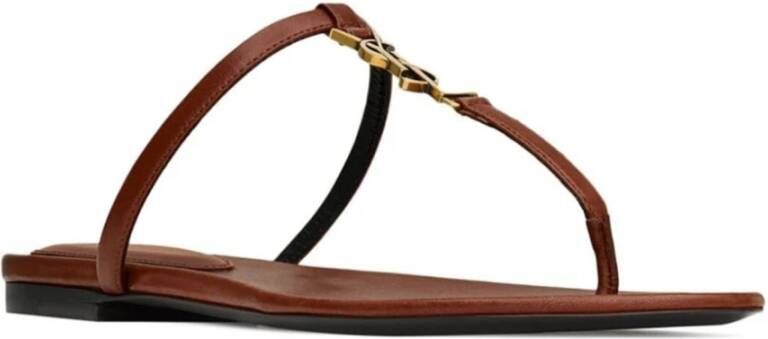 Saint Laurent Leren platte sandalen met YSL-logo Brown Dames