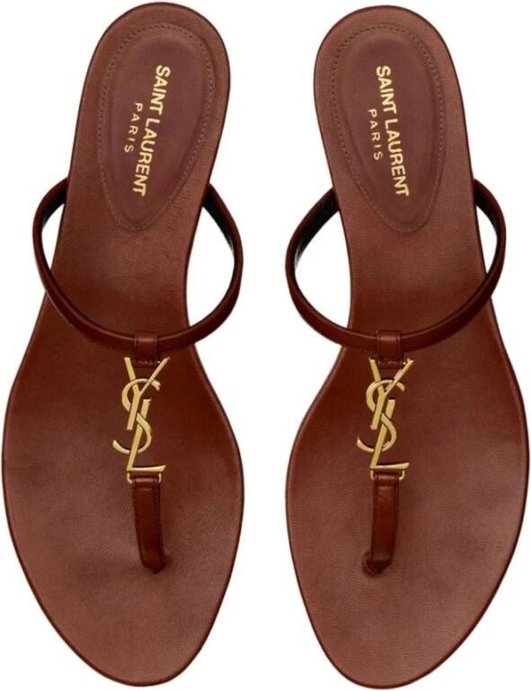 Saint Laurent Leren platte sandalen met YSL-logo Brown Dames