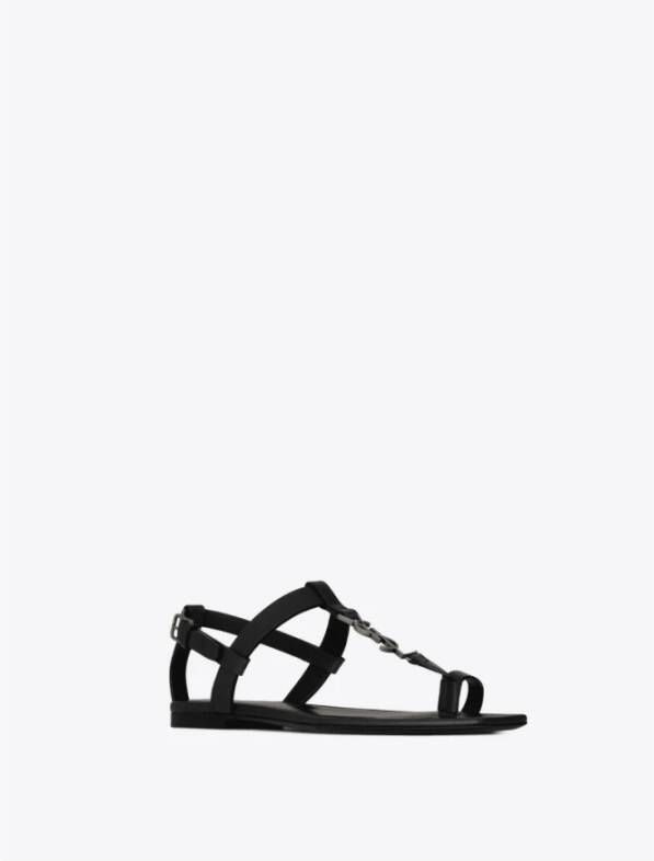 Saint Laurent Platte Sandalen met Gouden Monogram Black Dames