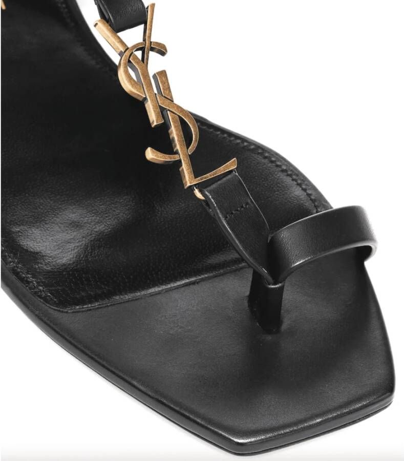 Saint Laurent Platte Sandalen met Gouden Monogram Black Dames