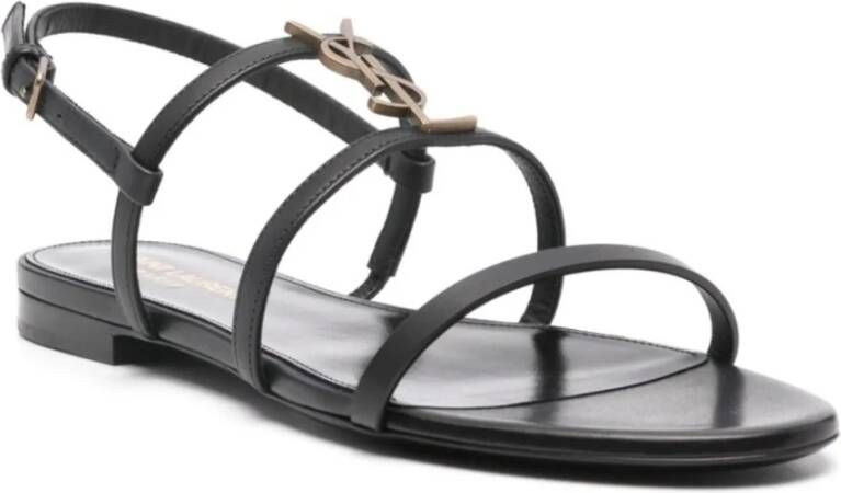 Saint Laurent Platte sandalen met goudkleurig logodetail Black Dames