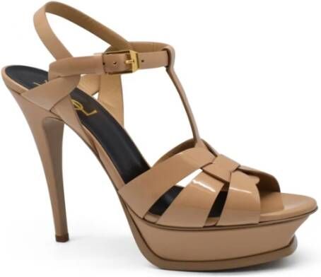 Saint Laurent Beige Patent Leren Hoge Hak Sandalen Beige Dames