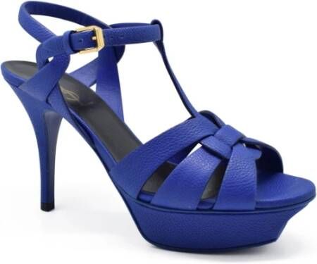 Saint Laurent Blauwe Hoge Hak Leren Sandalen Blauw Dames