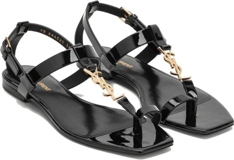 Saint Laurent Zwarte Leren Platte Sandalen Elegante Stijl Black Dames