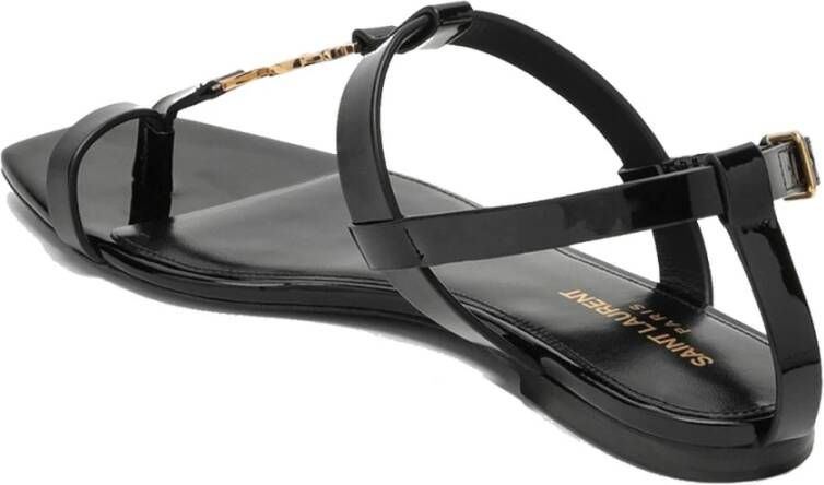 Saint Laurent Zwarte Leren Platte Sandalen Elegante Stijl Black Dames