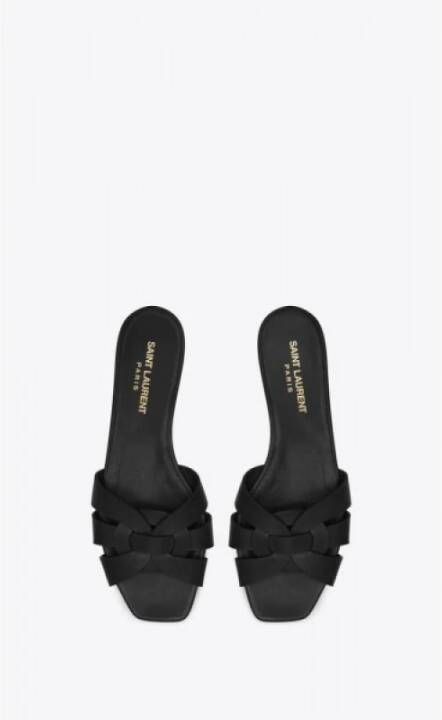 Saint Laurent Zwarte leren platte sandalen Tribute Black Dames