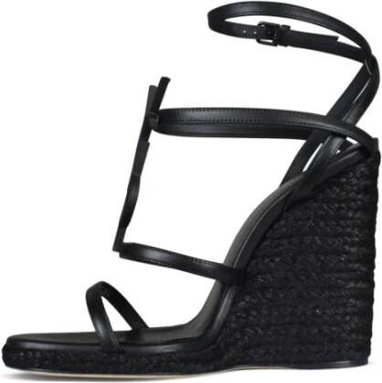 Saint Laurent Zwarte Leren Sleehak Espadrilles Black Dames