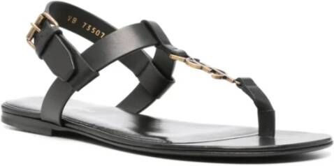 Saint Laurent Zwarte Logo Plaque Leren Sandalen Black Heren