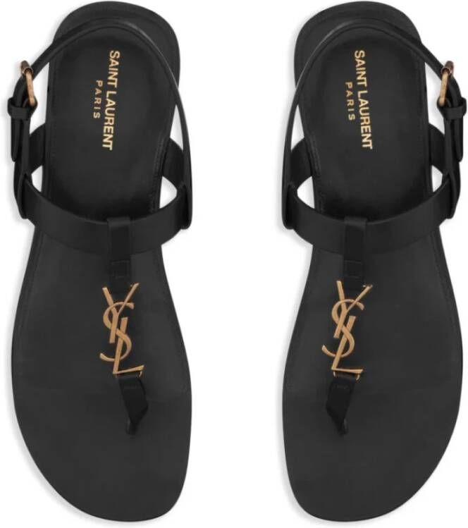 Saint Laurent Zwarte Logo Plaque Leren Sandalen Black Heren