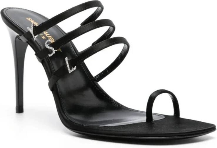 Saint Laurent Zwarte Satijnen Instap Sandalen Black Dames