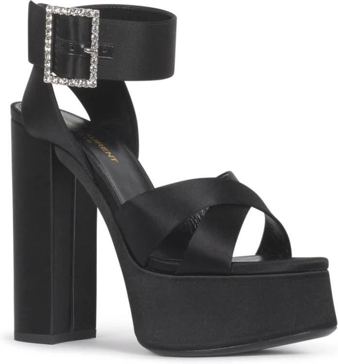 Saint Laurent Zwarte Satijnen Plateau Sandalen met Gekruiste Bandjes Black Dames