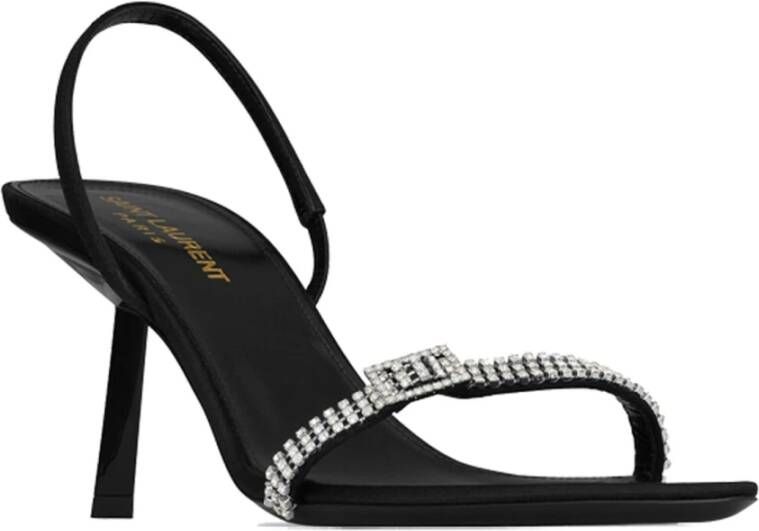 Saint Laurent Zwarte Zijden Sandalen met Kristaldetails Black Dames