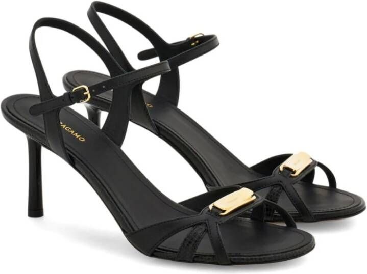 Salvatore Ferragamo Zwarte leren hagedisprint enkelband sandalen Black Dames