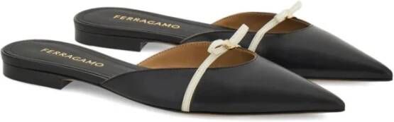 Salvatore Ferragamo Zwarte platte muiltjes met witte strik Black Dames