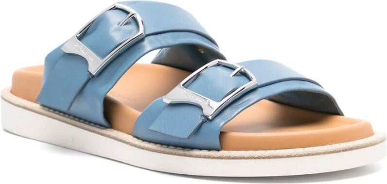 Santoni Blauwe Leren Casual Open Platte Sandalen Blue Dames