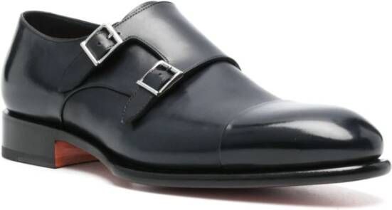 Santoni Blauwe Leren Monk Strap Schoenen Blue Heren