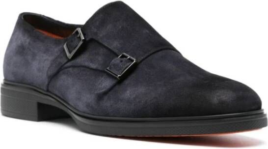 Santoni Blauwe Suède Dubbele Gesp Platte Schoenen Blue Heren