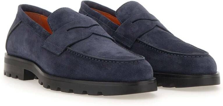 Santoni Blauwe Suède Mocassins met Uitsnede Blue Heren