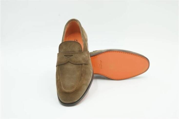 Santoni Bruine Suède Penny Loafer Leren Zool Brown Heren