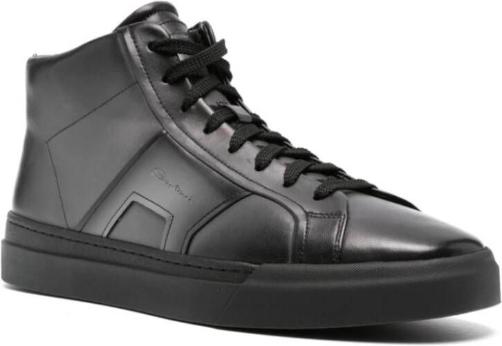 Santoni Grijze Leren Sneakers Zijrits Vetersluiting Gray Heren