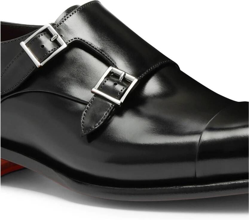 Santoni Handgemaakte Leren Dubbele Gespschoen Black Heren