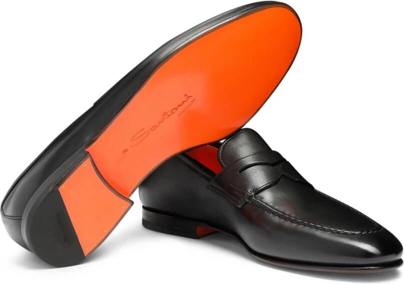 Santoni Heren gepoetste leren penny loafer Black Heren