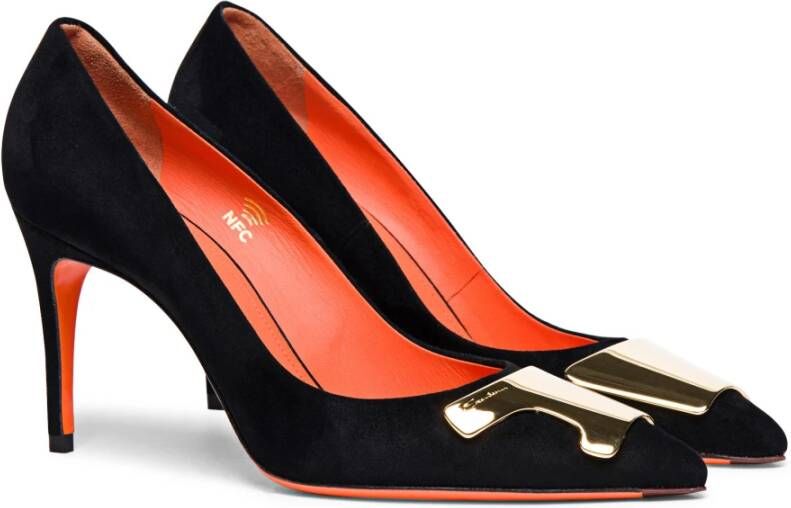 Santoni Suede High-Heel Court Handgemaakte Silhouet met Metalen Decoratie Zwart Dames