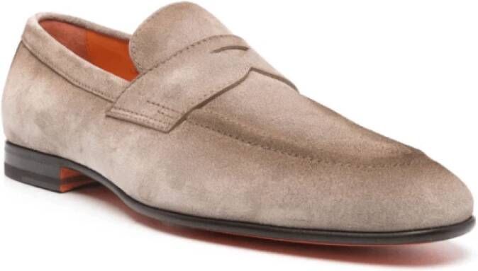 Santoni Suede Slip-On Loafers Almond Toe Beige Heren