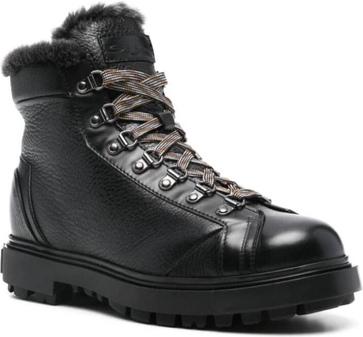 Santoni Zwarte Leren Bergschoenen Black Heren