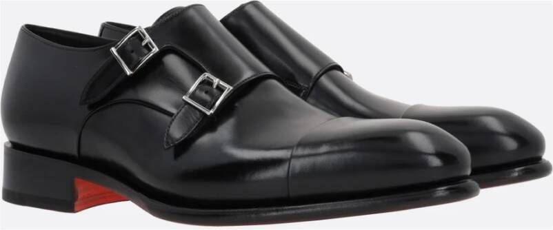 Santoni Zwarte Leren Monk Schoenen Black Heren