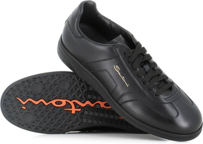 Santoni Zwarte leren sneaker ambachtelijk gemaakt Black Heren