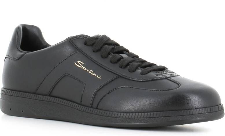 Santoni Zwarte leren sneaker ambachtelijk gemaakt Black Heren