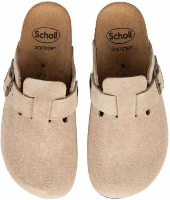 Scholl Beige Suède Klompen met Verstelbare Band Beige Dames